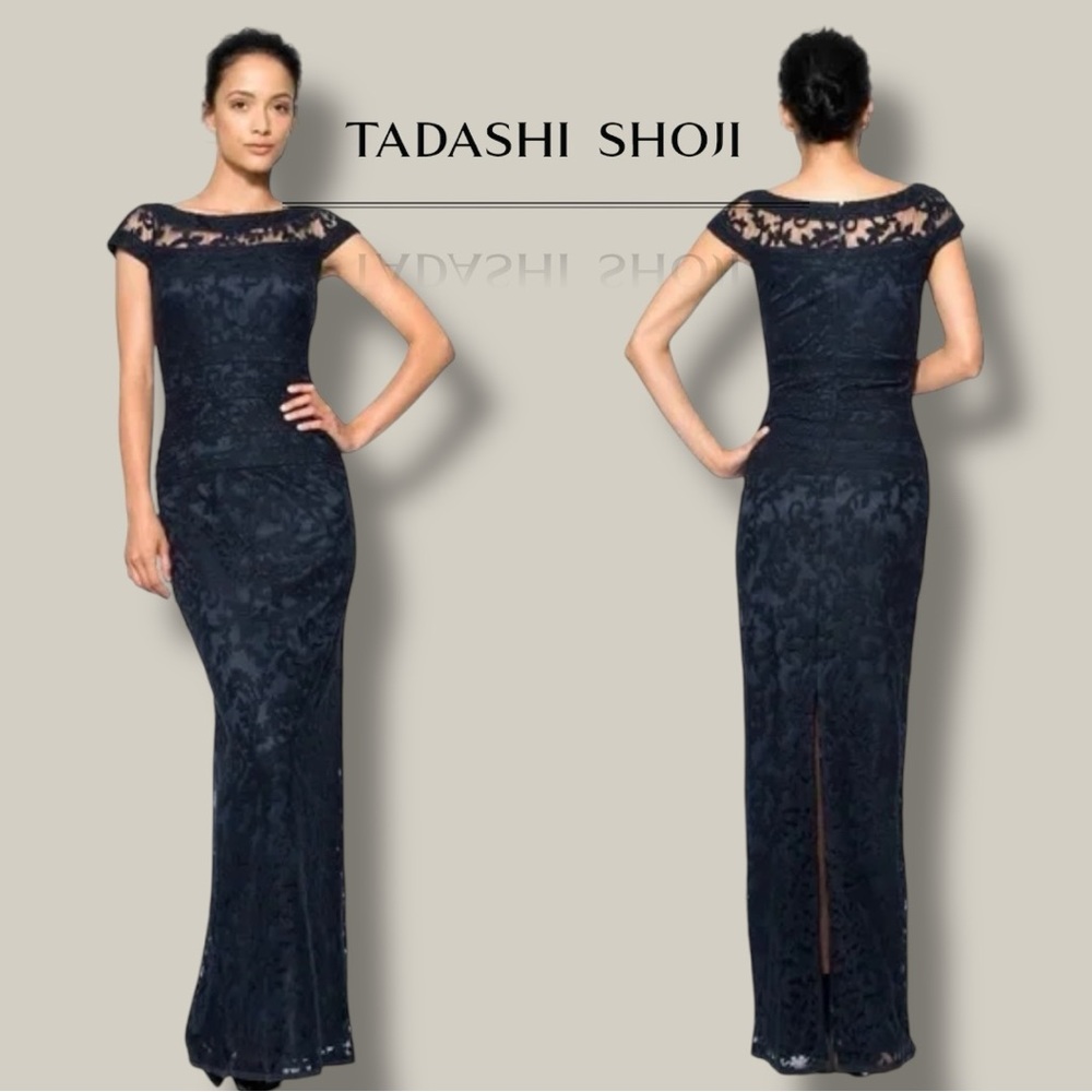 TADASHI SHOJI Embroidered Banded Lace Gown Navy Blue